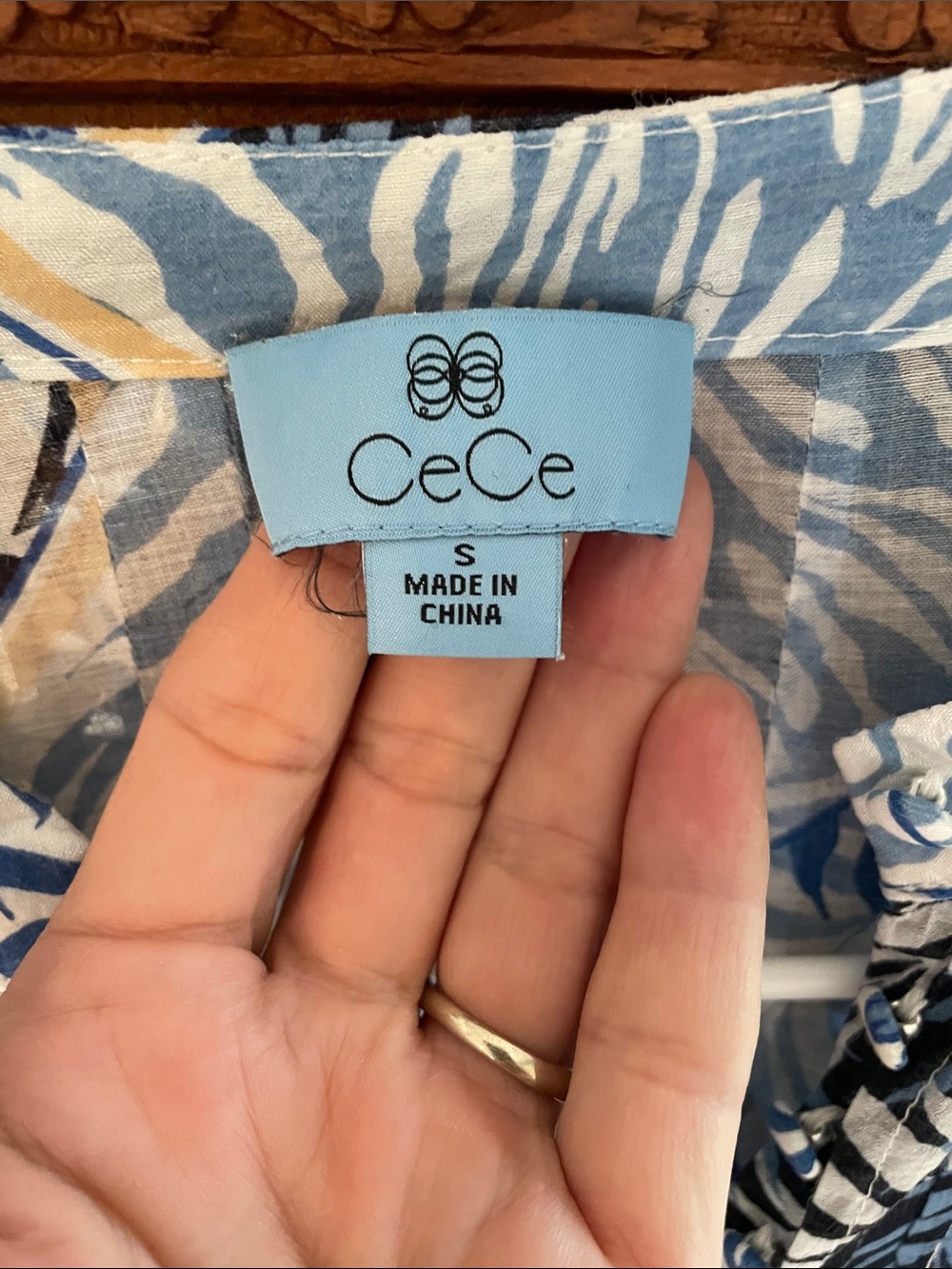 CeCe Blue, White & Tan Patchwork Print Button Blouse - Picture 2 of 6